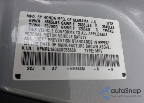 2003 Honda Odyssey Ex-L from USA, damaged, VIN 5FNRL18083B053639